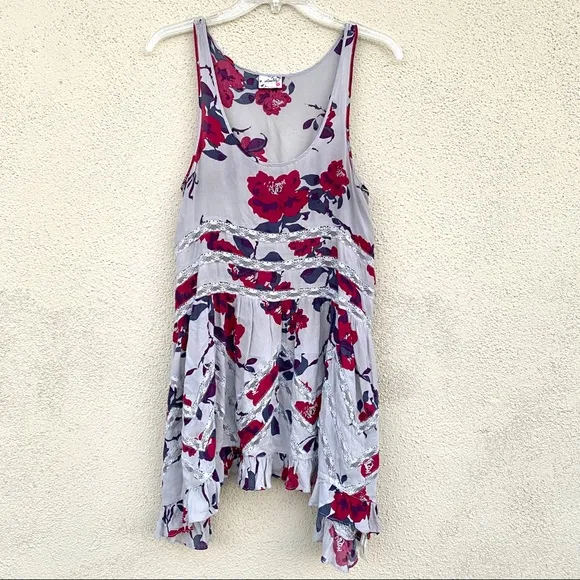 FREE PEOPLE voile TRAPEZE DRESS slip Floral tunic print women’s XS LACE romantic