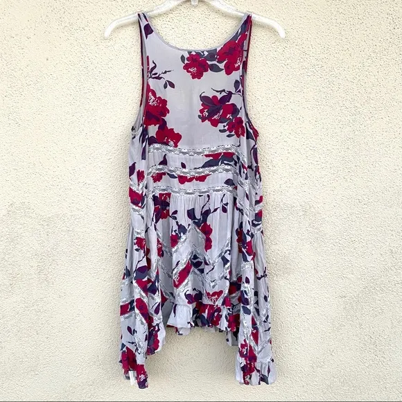 FREE PEOPLE voile TRAPEZE DRESS slip Floral tunic print women’s XS LACE romantic