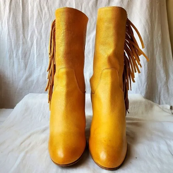 Free People Wild Rose Slouch Women's Leather Fringe Boots Yellow Sz EU 36/US 5.5
