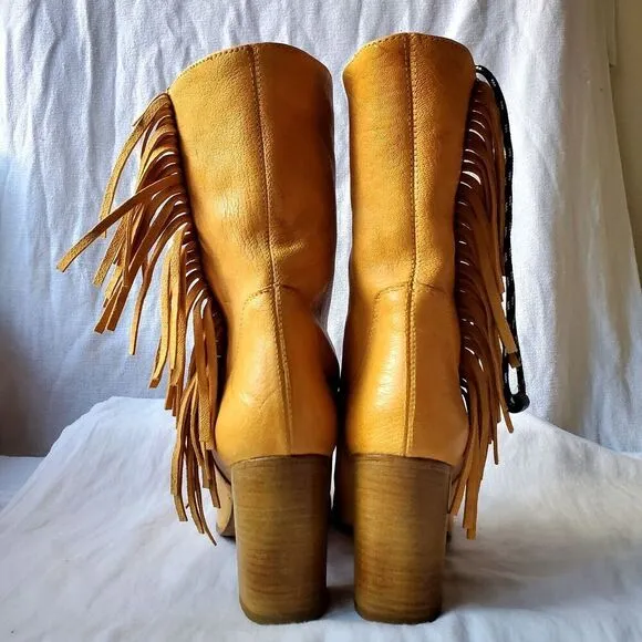 Free People Wild Rose Slouch Women's Leather Fringe Boots Yellow Sz EU 36/US 5.5