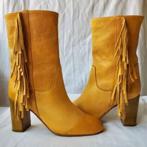Free People Wild Rose Slouch Women's Leather Fringe Boots Yellow Sz EU 36/US 5.5