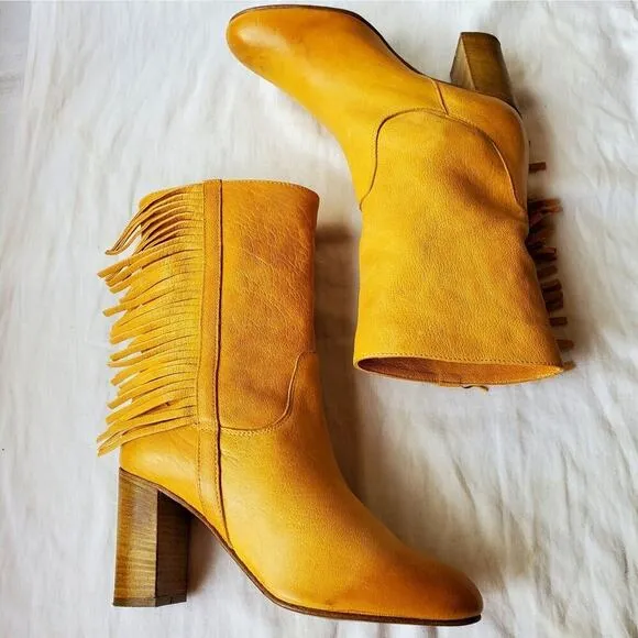 Free People Wild Rose Slouch Women's Leather Fringe Boots Yellow Sz EU 36/US 5.5