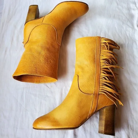 Free People Wild Rose Slouch Women's Leather Fringe Boots Yellow Sz EU 36/US 5.5