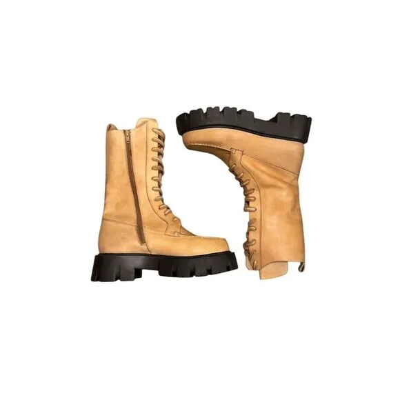 Free People Women's Brown Combat Boots Size 8.5 Mid-Calf Lace-Up in Tan