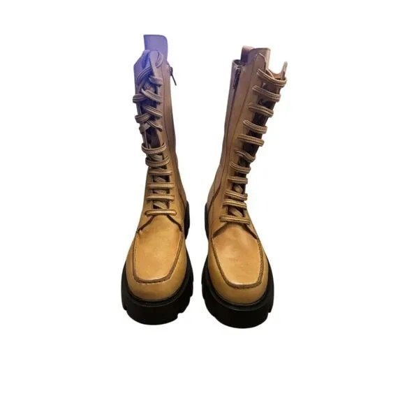 Free People Women's Brown Combat Boots Size 8.5 Mid-Calf Lace-Up in Tan
