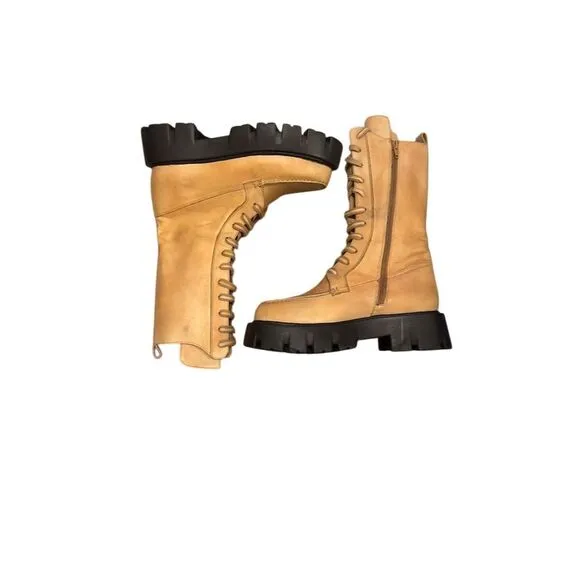Free People Women's Brown Combat Boots Size 8.5 Mid-Calf Lace-Up in Tan