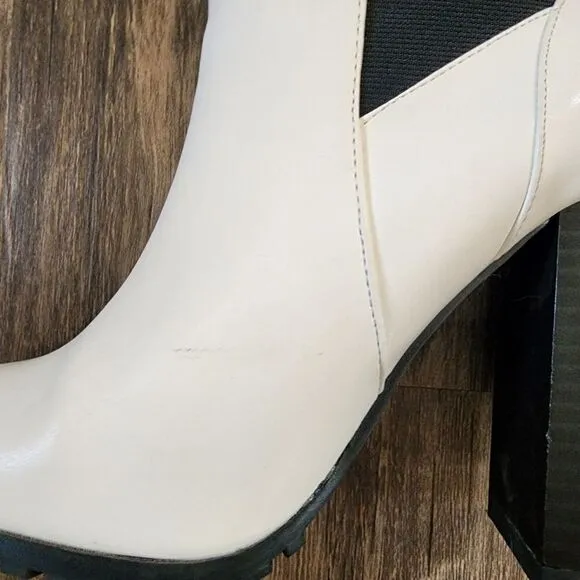 French Connection Vegan Leather Heeled Boots Ivory Black Pull On Size 8