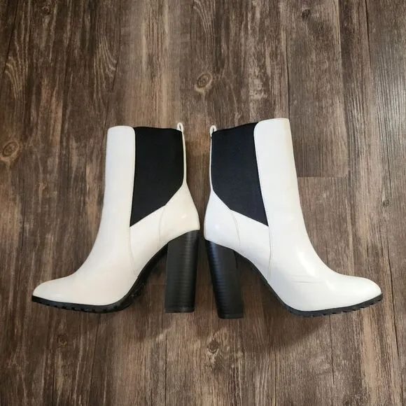 French Connection Vegan Leather Heeled Boots Ivory Black Pull On Size 8