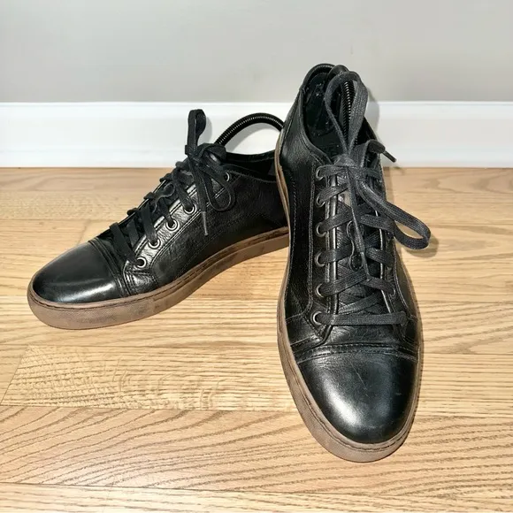 FRYE Men’s Justin Low Lace Round Toe Leather Black Sneakers
