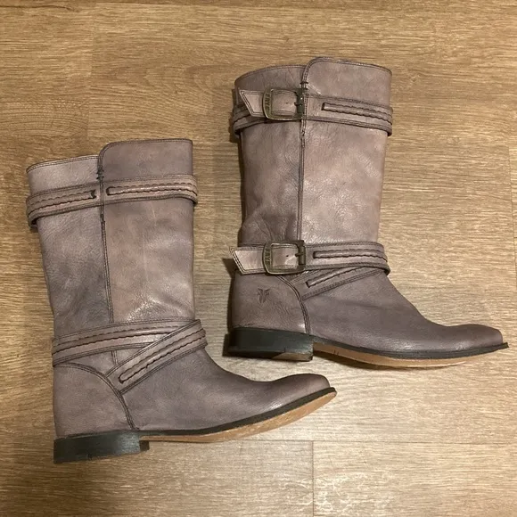 Frye Paige Trapunto Buckle Mid Calf Leather Boots Size 6 Brown