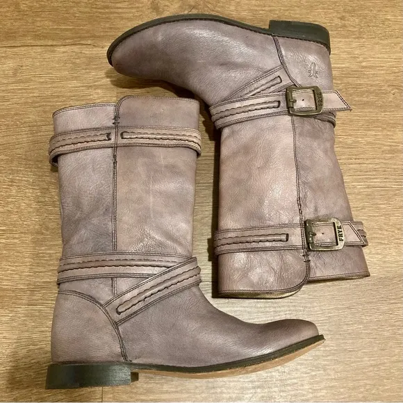 Frye Paige Trapunto Buckle Mid Calf Leather Boots Size 6 Brown