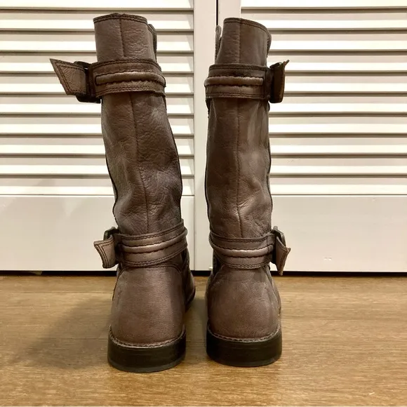 Frye Paige Trapunto Buckle Mid Calf Leather Boots Size 6 Brown