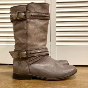 Frye Paige Trapunto Buckle Mid Calf Leather Boots Size 6 Brown