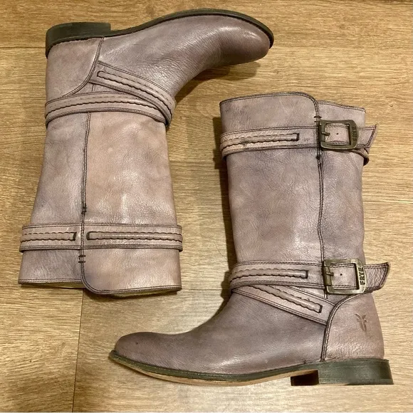 Frye Paige Trapunto Buckle Mid Calf Leather Boots Size 6 Brown