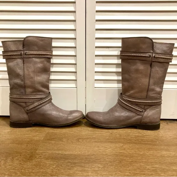 Frye Paige Trapunto Buckle Mid Calf Leather Boots Size 6 Brown