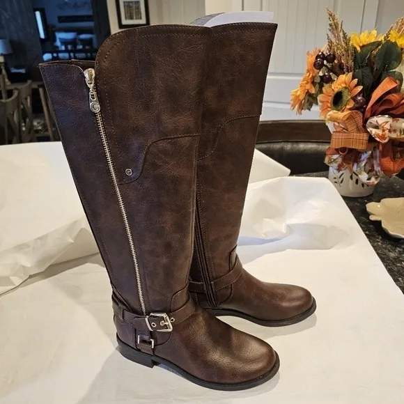 G By Guess Knee Height Tall Boots Hayden Brown Faux Leather sz 5.5