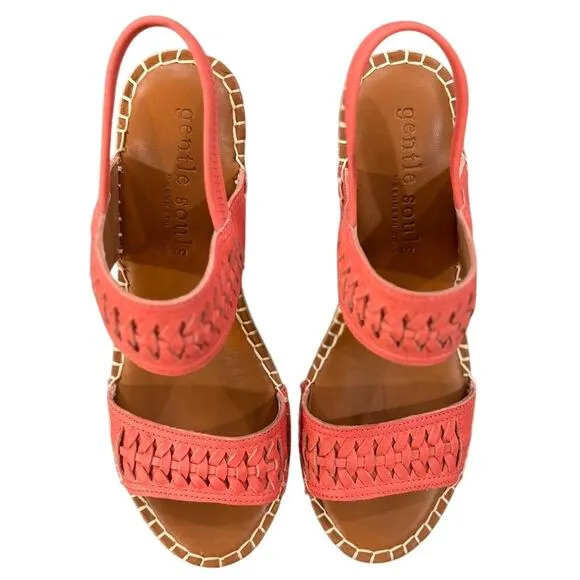 Gentle Souls Elyssa Two-Band Braid Wedge Heel Sandals 7.5 Coral