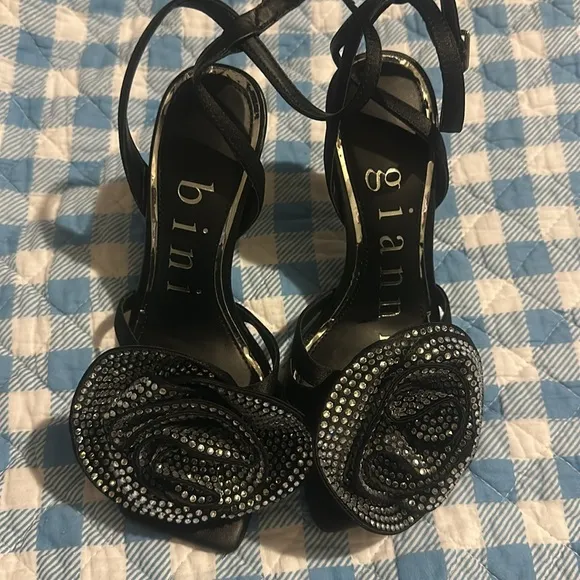 Gianni BiniIman Rhinestone Rose Square Toe Dress Sandals black