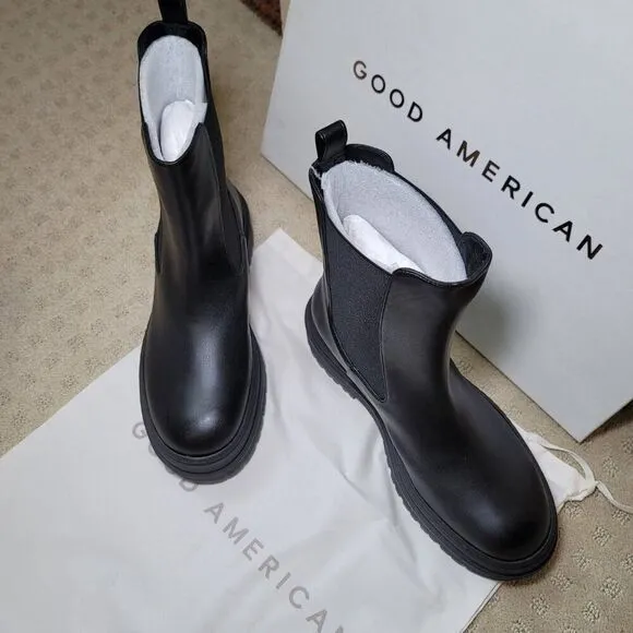 Good American Pull On‎ Combat Boots Chelsea Lug Sole Bootie - Black, Size 9