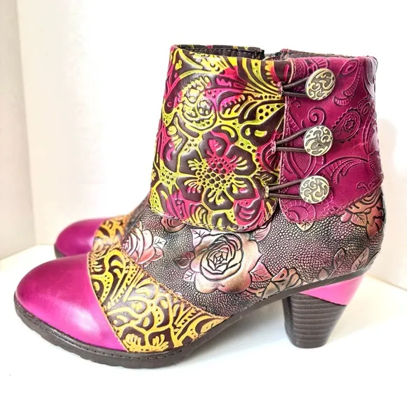 Gorgeous Handmade Multicolor Tooled Leather Floral Med Heel Ankle Boots 38