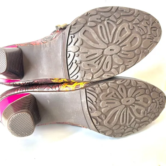 Gorgeous Handmade Multicolor Tooled Leather Floral Med Heel Ankle Boots 38