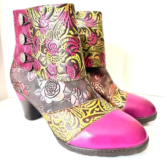 Gorgeous Handmade Multicolor Tooled Leather Floral Med Heel Ankle Boots 38