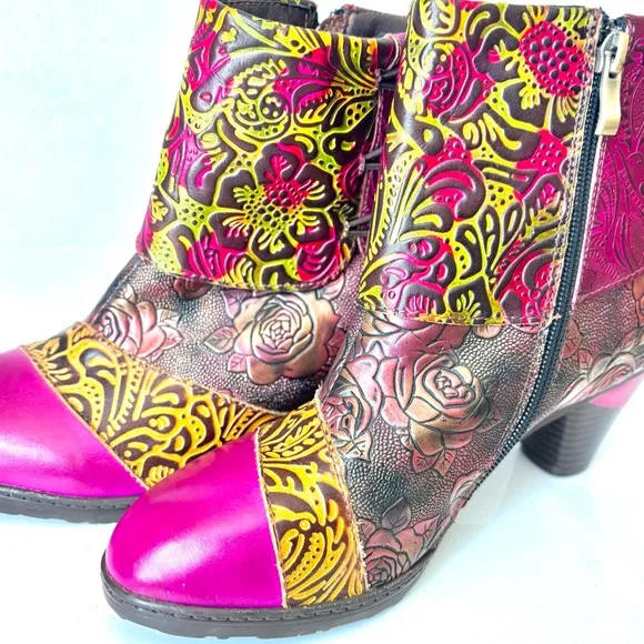 Gorgeous Handmade Multicolor Tooled Leather Floral Med Heel Ankle Boots 38