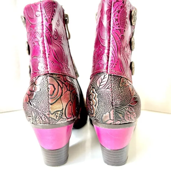 Gorgeous Handmade Multicolor Tooled Leather Floral Med Heel Ankle Boots 38