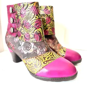 Gorgeous Handmade Multicolor Tooled Leather Floral Med Heel Ankle Boots 38