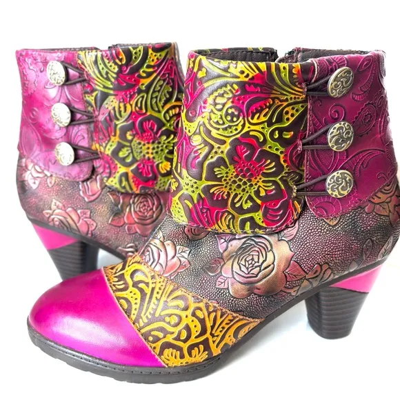 Gorgeous Handmade Multicolor Tooled Leather Floral Med Heel Ankle Boots 38