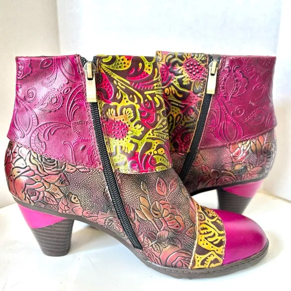 Gorgeous Handmade Multicolor Tooled Leather Floral Med Heel Ankle Boots 38