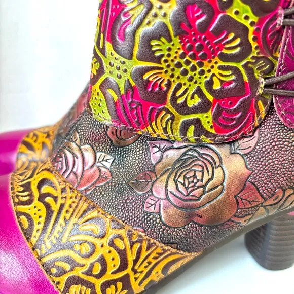 Gorgeous Handmade Multicolor Tooled Leather Floral Med Heel Ankle Boots 38