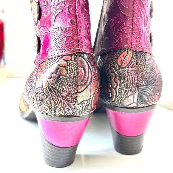 Gorgeous Handmade Multicolor Tooled Leather Floral Med Heel Ankle Boots 38