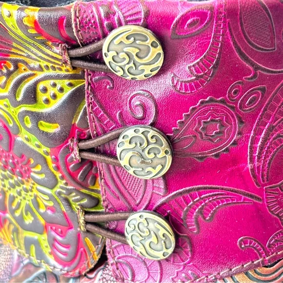 Gorgeous Handmade Multicolor Tooled Leather Floral Med Heel Ankle Boots 38