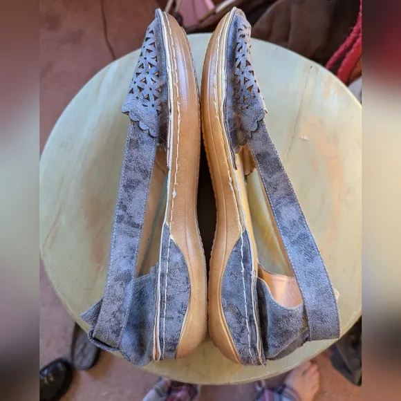 Gray suede flat shoes size UK 43, size 11 US,  cut out design open sides back