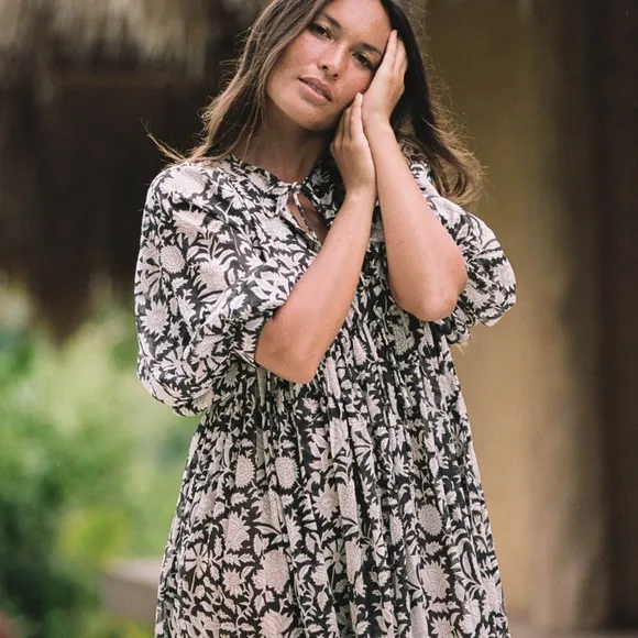 GUADALUPE TUCKERNUCK 100% Cotton Black and White Floral Women's Dress Size L