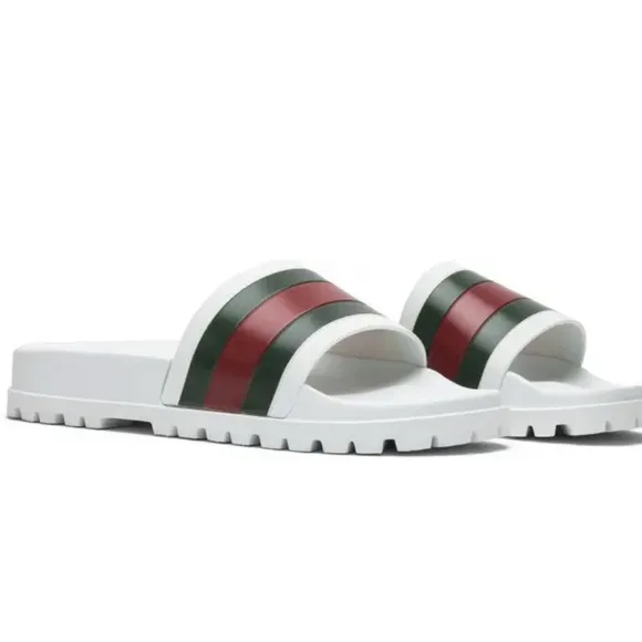 GUCCI 400$ Men's Web Slide Sandal - White Rubber White Slides with Red and Green