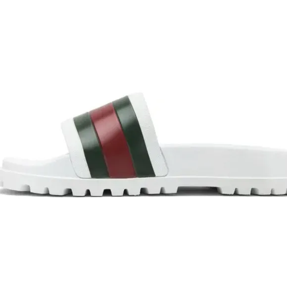 GUCCI 400$ Men's Web Slide Sandal - White Rubber White Slides with Red and Green