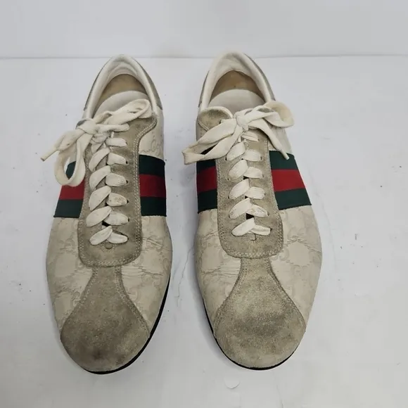 Gucci Cream Suede And Leather Web Low Top Sneakers Size 7.5 US