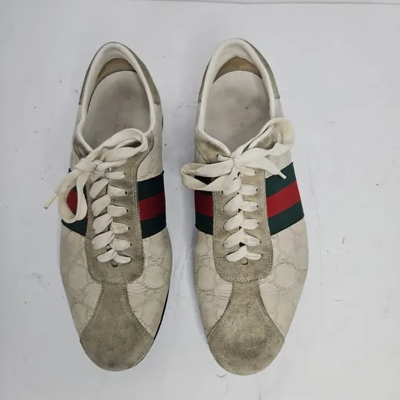 Gucci Cream Suede And Leather Web Low Top Sneakers Size 7.5 US