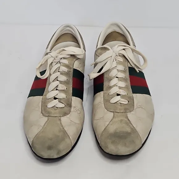 Gucci Cream Suede And Leather Web Low Top Sneakers Size 7.5 US