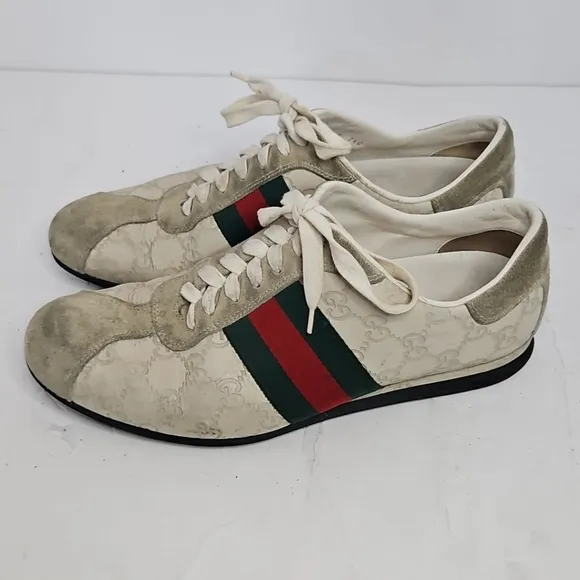Gucci Cream Suede And Leather Web Low Top Sneakers Size 7.5 US