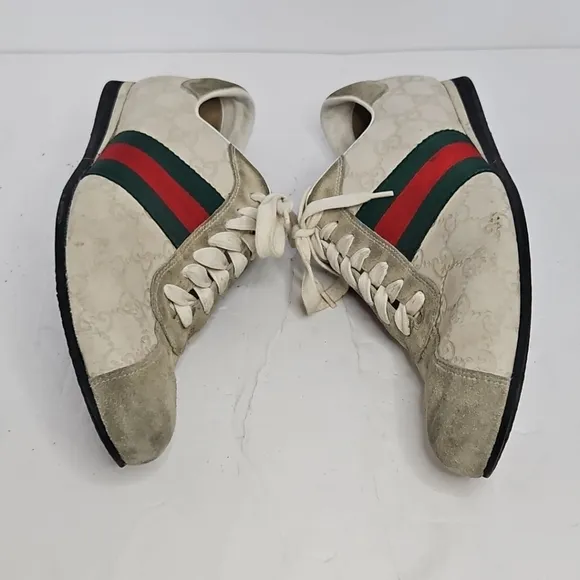 Gucci Cream Suede And Leather Web Low Top Sneakers Size 7.5 US