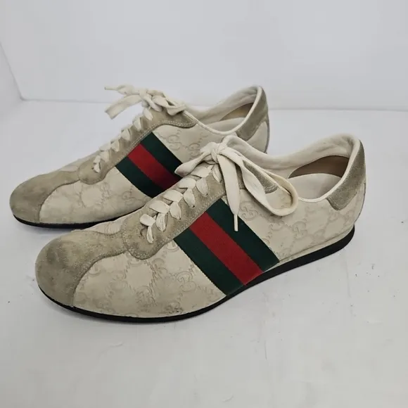 Gucci Cream Suede And Leather Web Low Top Sneakers Size 7.5 US