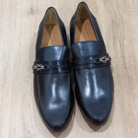Gucci Mens Black Leather Silver Horsebit Loafers