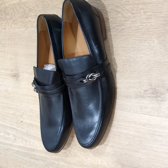 Gucci Mens Black Leather Silver Horsebit Loafers