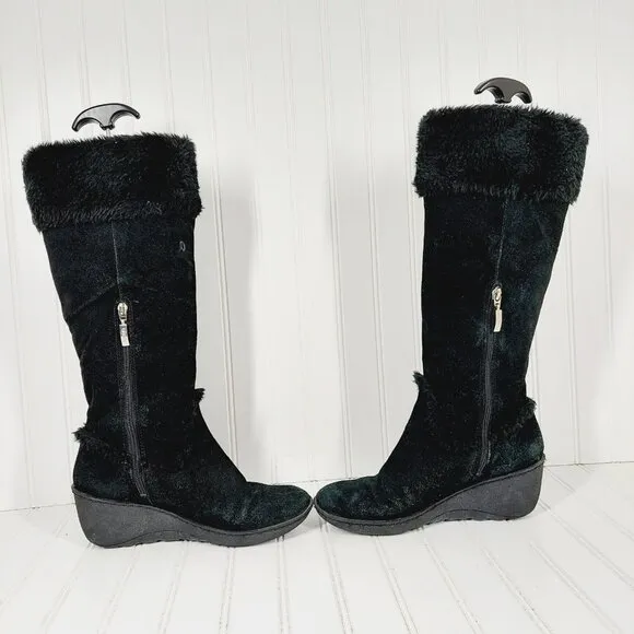 Guess Black Suede Leather Fur Winter Wedge Heel Riding Grip Sole Boots C267