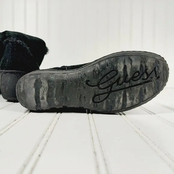 Guess Black Suede Leather Fur Winter Wedge Heel Riding Grip Sole Boots C267