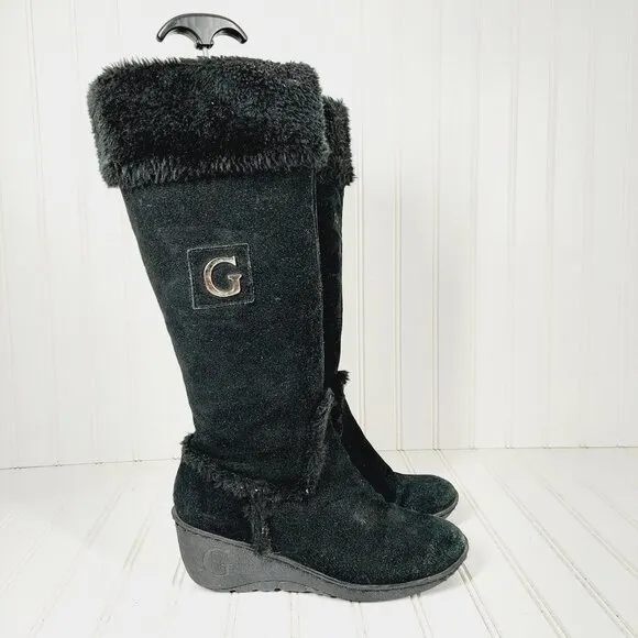 Guess Black Suede Leather Fur Winter Wedge Heel Riding Grip Sole Boots C267
