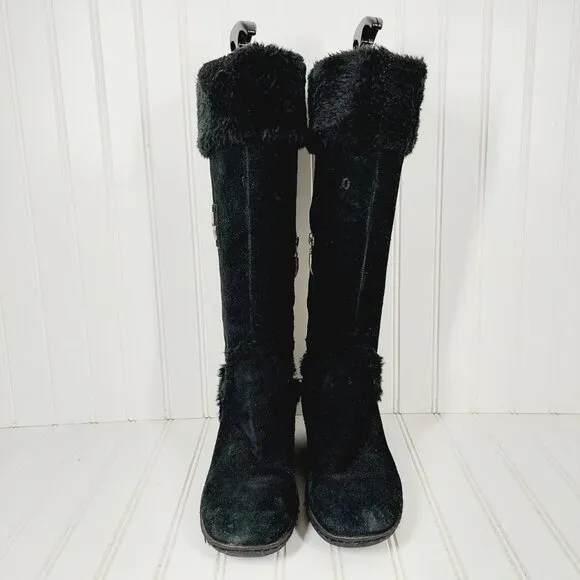 Guess Black Suede Leather Fur Winter Wedge Heel Riding Grip Sole Boots C267